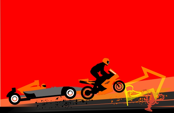 rysunek samochodu wyscikowego i motocyklista