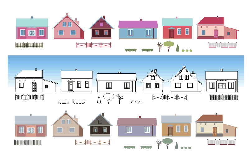 rysunek domków elementy do złożenia widoku wsi lub miasteczka
