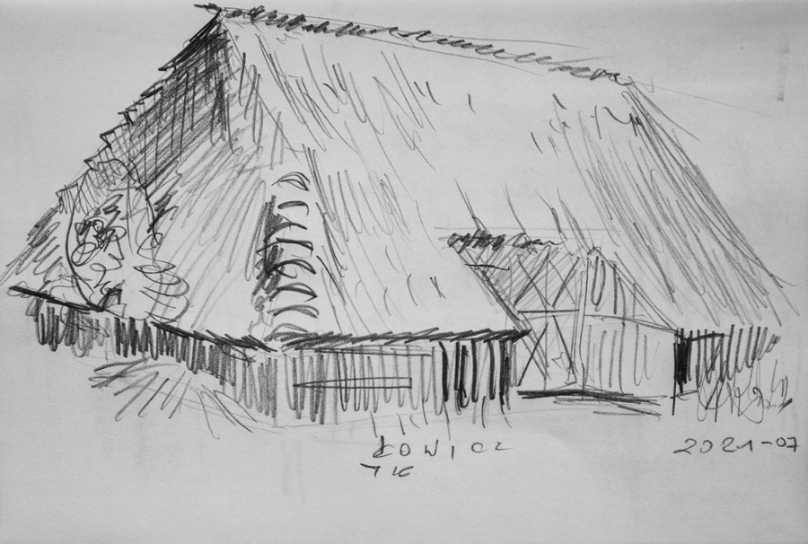 szkic ołówkiem stodoły z wielkim dachem